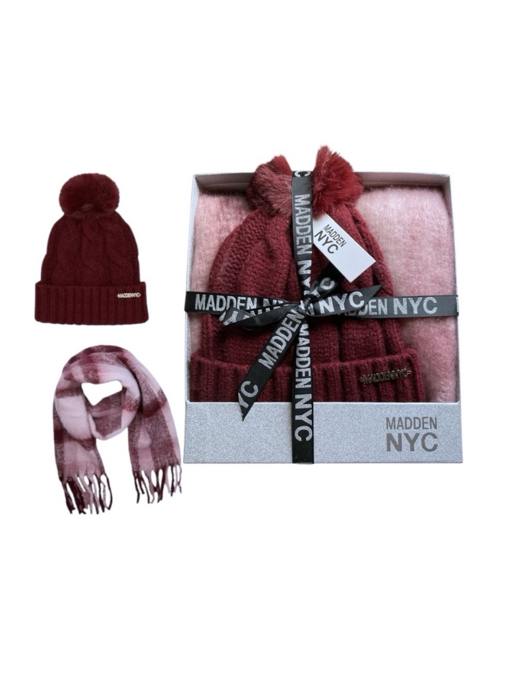 Madden Cable Burgundy Beanie With Faux Fur Pom Pom and Plaid Scarf Set